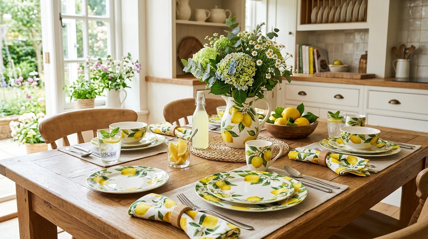 Kitchen table set with lemon-patterned tableware